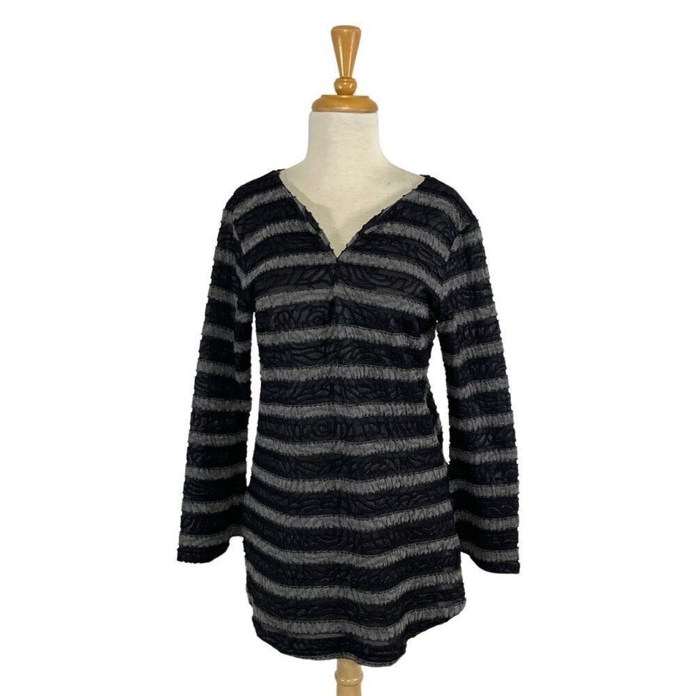 Andria Lieu M  Black Gray Striped Top Blouse Floral Art To Wear Sheer Career